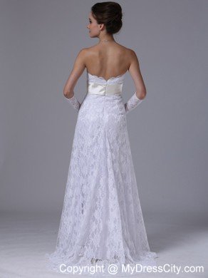 Stylish Strapless Lace Column Brush Wedding Dress With Champagne Sash