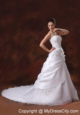 Beautiful A-line Strapless Beading Flower Appliques Wedding Gowns for Hall