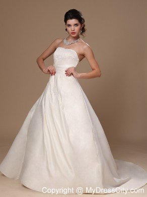 Puffy Strapless Beaded Court Train 2013 Wedding Dress For Church