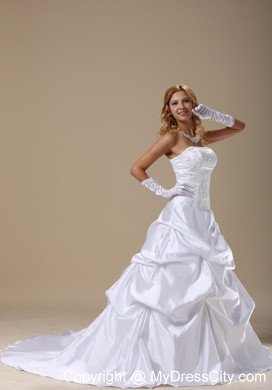 A-line Strapless Brush Train Wedding Dresses With Lace Bodice Pick-ups