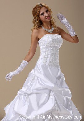 A-line Strapless Brush Train Wedding Dresses With Lace Bodice Pick-ups