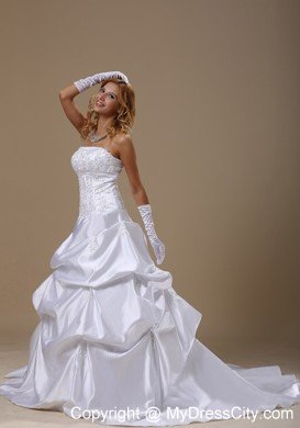 A-line Strapless Brush Train Wedding Dresses With Lace Bodice Pick-ups