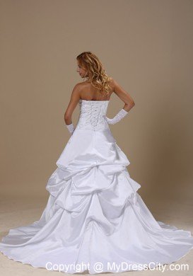 A-line Strapless Brush Train Wedding Dresses With Lace Bodice Pick-ups