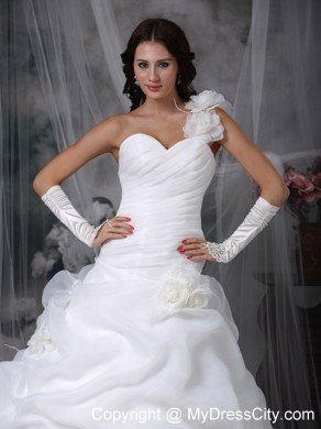 2013 Romantic Dropped Waist One Shoulder Flowers Ruching Wedding Dress