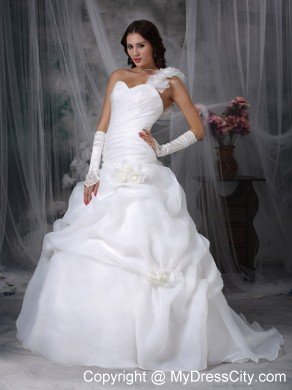 2013 Romantic Dropped Waist One Shoulder Flowers Ruching Wedding Dress