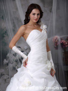 2013 Romantic Dropped Waist One Shoulder Flowers Ruching Wedding Dress