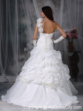 2013 Romantic Dropped Waist One Shoulder Flowers Ruching Wedding Dress