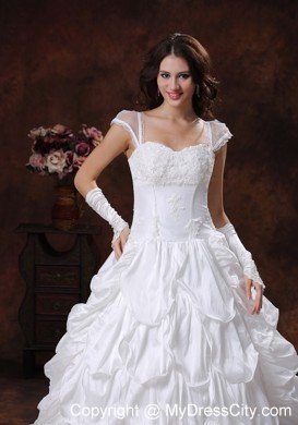 Appliques Decorate Bust Sweetheart Neckline Cap Sleeves Wedding Dress