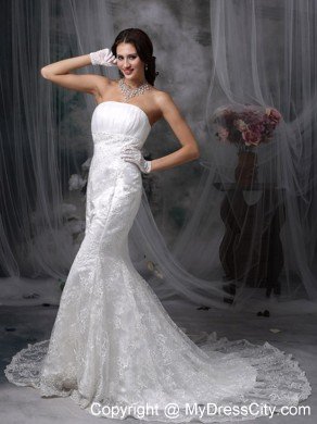 Sexy Mermaid Strapless Court Train Lace Ruching Wedding Dresses