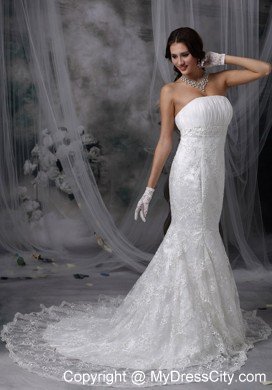 Sexy Mermaid Strapless Court Train Lace Ruching Wedding Dresses