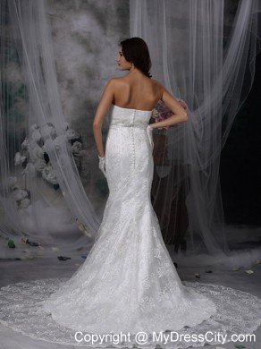 Sexy Mermaid Strapless Court Train Lace Ruching Wedding Dresses