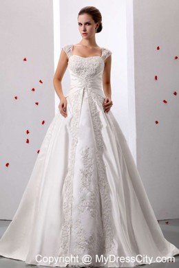 A-line Wide Straps Ruched Lace Wedding Dress Floor-length on Promotion