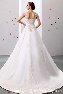 A-line Wide Straps Ruched Lace Wedding Dress Floor-length on Promotion