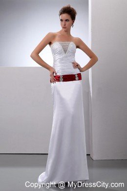 Red Sash Decorate Slinky Strapless Ruched Brush Train White Wedding Dress