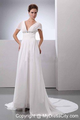 Beading V-Neck Court Train Chiffon Empire Wedding Dress with Short Sleeves