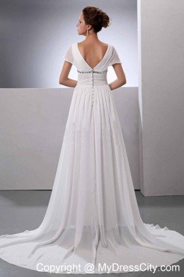 Beading V-Neck Court Train Chiffon Empire Wedding Dress with Short Sleeves