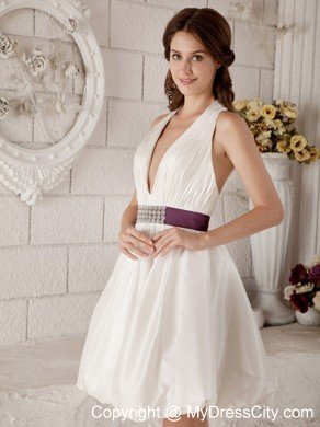 New Arrival A-line V-neck Mini-length Beading Ribboned Wedding Bridal Gown