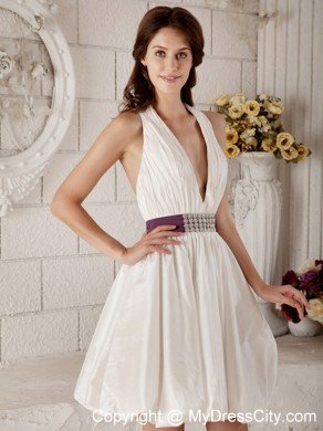 New Arrival A-line V-neck Mini-length Beading Ribboned Wedding Bridal Gown