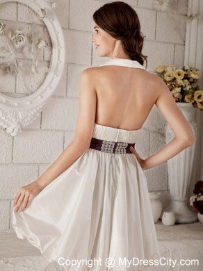 New Arrival A-line V-neck Mini-length Beading Ribboned Wedding Bridal Gown