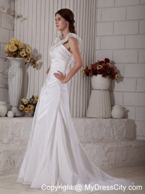 Customize Long Sheath Ruffle V-neck Brush Train Ruched Wedding Dress