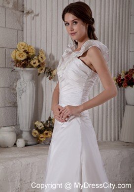 Customize Long Sheath Ruffle V-neck Brush Train Ruched Wedding Dress