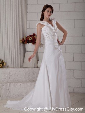 Customize Long Sheath Ruffle V-neck Brush Train Ruched Wedding Dress