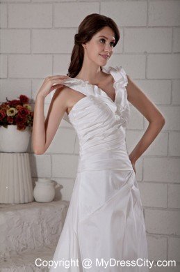 Customize Long Sheath Ruffle V-neck Brush Train Ruched Wedding Dress