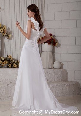 Customize Long Sheath Ruffle V-neck Brush Train Ruched Wedding Dress