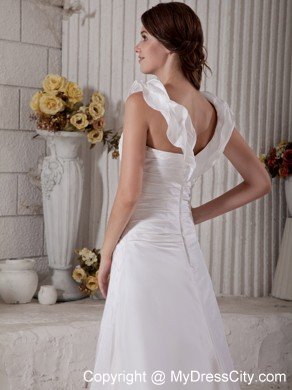 Customize Long Sheath Ruffle V-neck Brush Train Ruched Wedding Dress