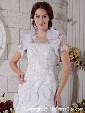 Hot sale Slinky Scoop Beading and Flowers Mini Wedding Dress with Jacket