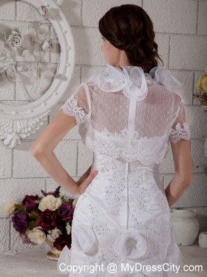 Hot sale Slinky Scoop Beading and Flowers Mini Wedding Dress with Jacket