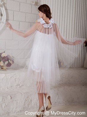 Most Popular Tulle Strapless Column Handmade Flowers Mini Wedding Dress