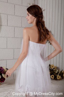 Most Popular Tulle Strapless Column Handmade Flowers Mini Wedding Dress