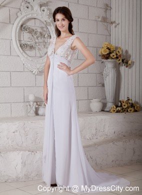 Simple V-neck Empire Chiffon and Lace Wedding Reception Dress with Train