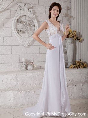 Simple V-neck Empire Chiffon and Lace Wedding Reception Dress with Train