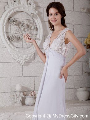 Simple V-neck Empire Chiffon and Lace Wedding Reception Dress with Train