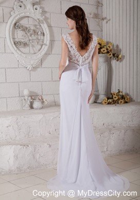 Simple V-neck Empire Chiffon and Lace Wedding Reception Dress with Train