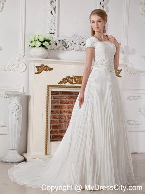 Discounted A-line Court Train Chiffon Beading Pleated Square Bridal Dress