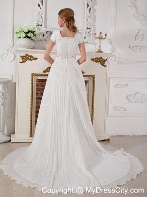 Discounted A-line Court Train Chiffon Beading Pleated Square Bridal Dress