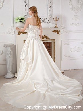 Romantic A-line Strapless Court Train Appliques Bowknot Wedding Dress