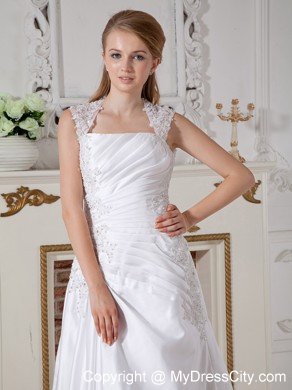 2014 Sexy A-line Square Court Train Appliques Long Slinky Wedding Dress