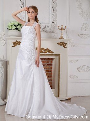 2014 Sexy A-line Square Court Train Appliques Long Slinky Wedding Dress