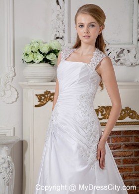 2014 Sexy A-line Square Court Train Appliques Long Slinky Wedding Dress