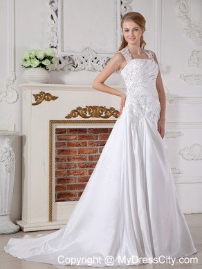 2014 Sexy A-line Square Court Train Appliques Long Slinky Wedding Dress