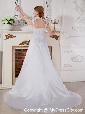 2014 Sexy A-line Square Court Train Appliques Long Slinky Wedding Dress