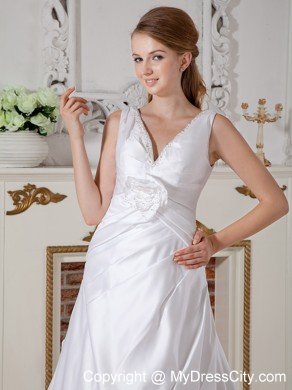 Long A-line Court Train Hand Made Flowers V-neck Wedding Gown