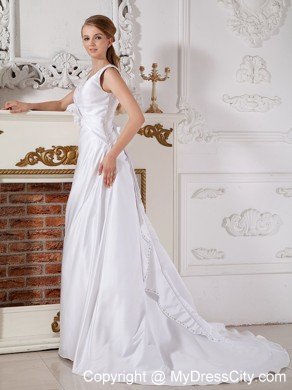 Long A-line Court Train Hand Made Flowers V-neck Wedding Gown