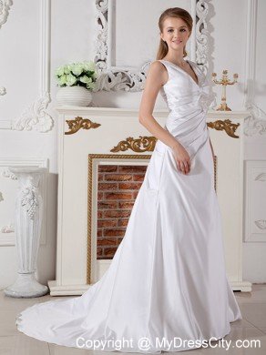 Long A-line Court Train Hand Made Flowers V-neck Wedding Gown