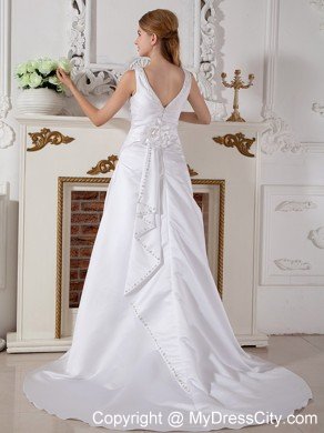 Long A-line Court Train Hand Made Flowers V-neck Wedding Gown