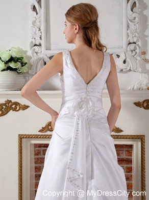 Long A-line Court Train Hand Made Flowers V-neck Wedding Gown